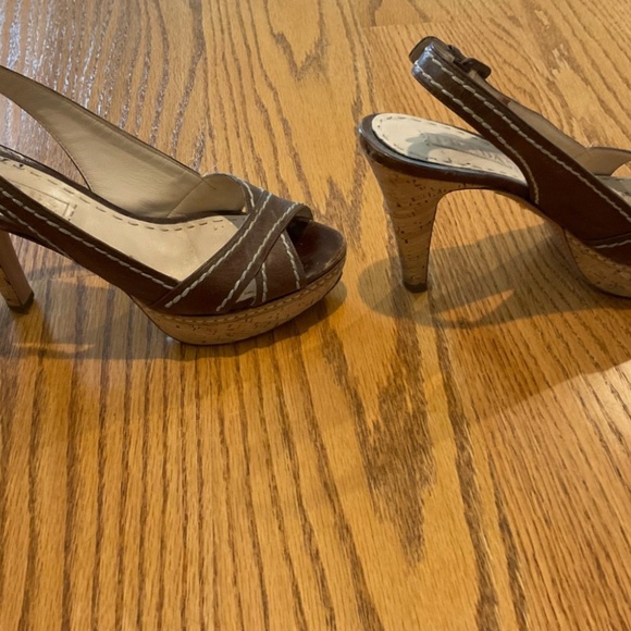 Prada Brown Leather Cork Wedge Sandals Size 36.5 (6 1/2) - Slingback Peep Toe - Picture 2 of 16